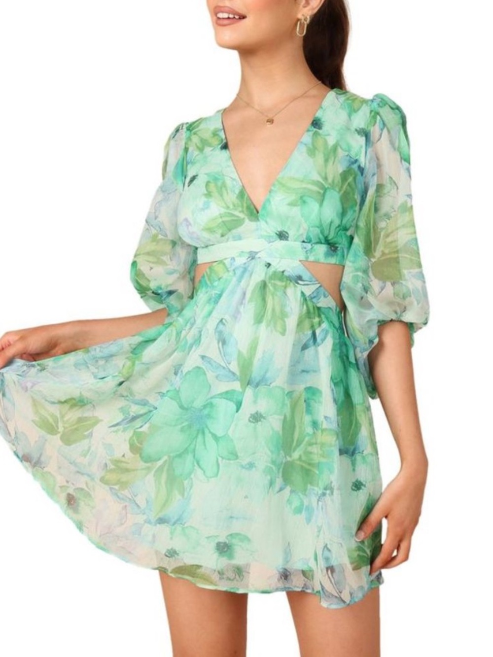 Petal and Pup Addie Floral Print Chiffon Cutout Open Back Mini Dress